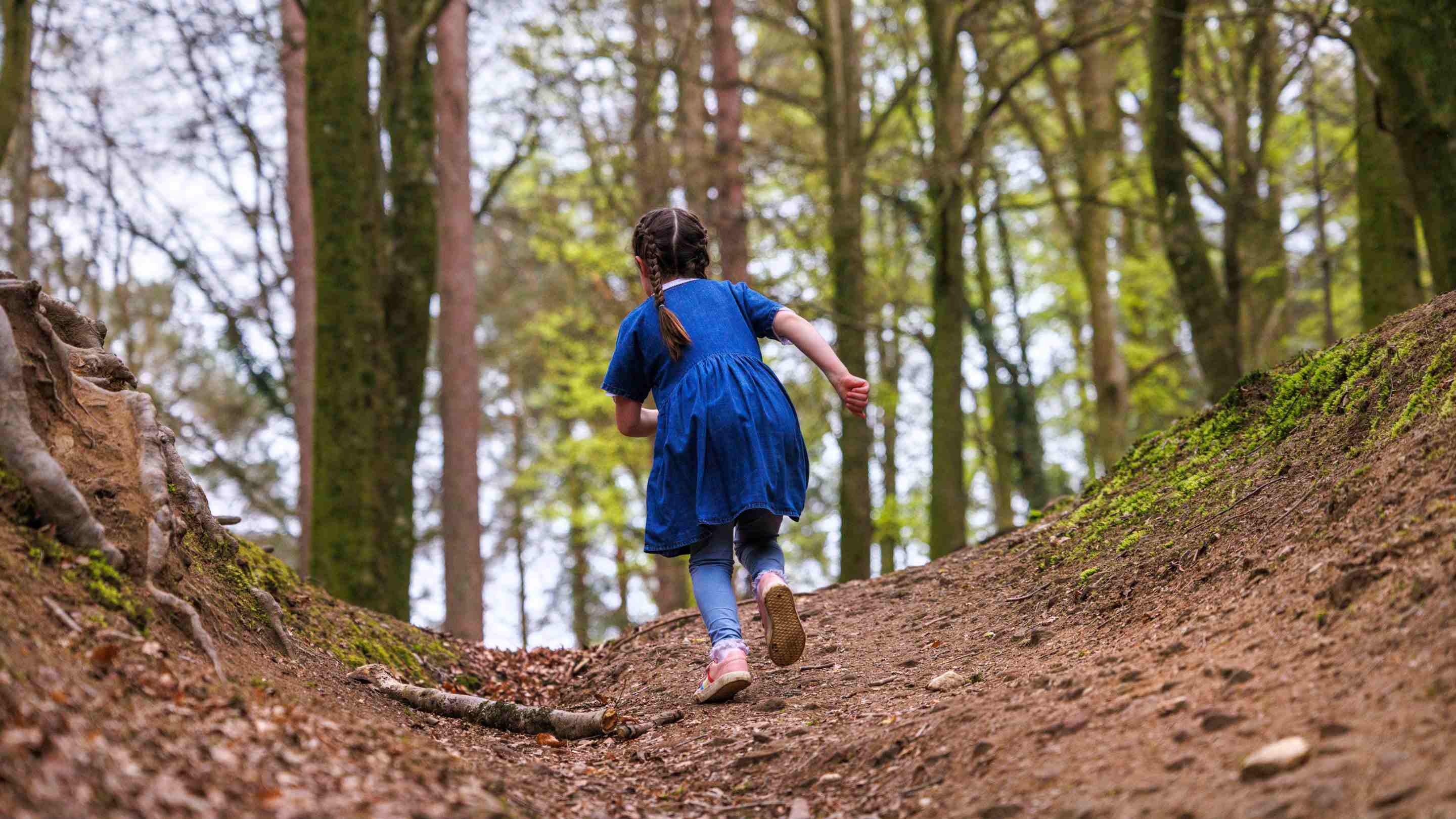 little girl playing in the woods